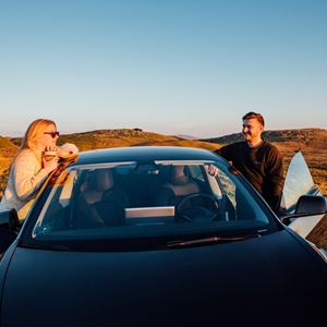 Biltrygd - par stendur við bilin